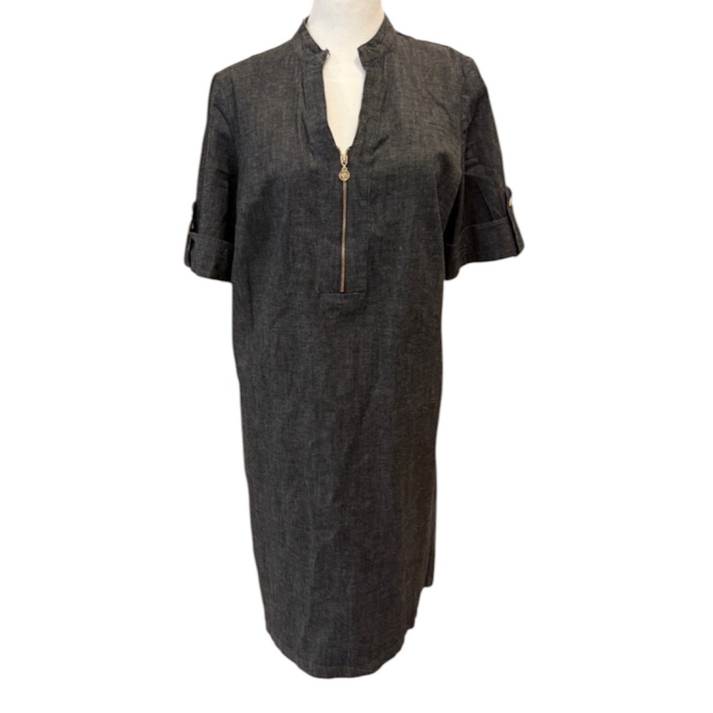 Anne Klein Womens Denim Shift Dress Dark Wash Gold Zip Short Sleeve Size 6